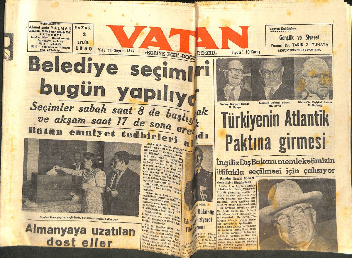 Vatan Gazetesi 3 Eylül 1950 - Türkiye'nin Atlantik Paktına Girmesi - Başkan Truman'ın Ruslara Yeni Ve Sert Bir İhtarı GZ142407 - 1