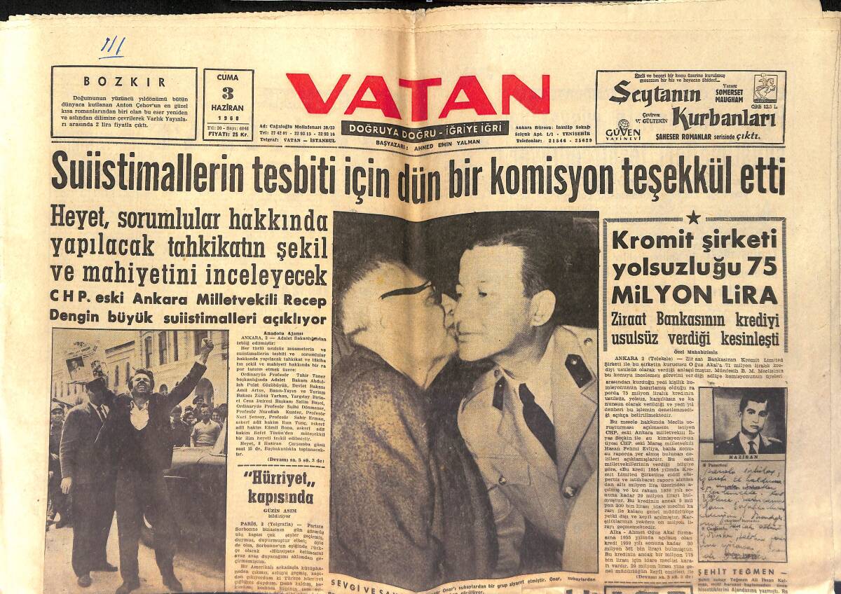 Vatan Gazetesi 3 Haziran 1960 - Dün de 19 M.Vekili Yassıadaya Alındı - Anayasa İçin , İzahat Verildi GZ154006 - 1