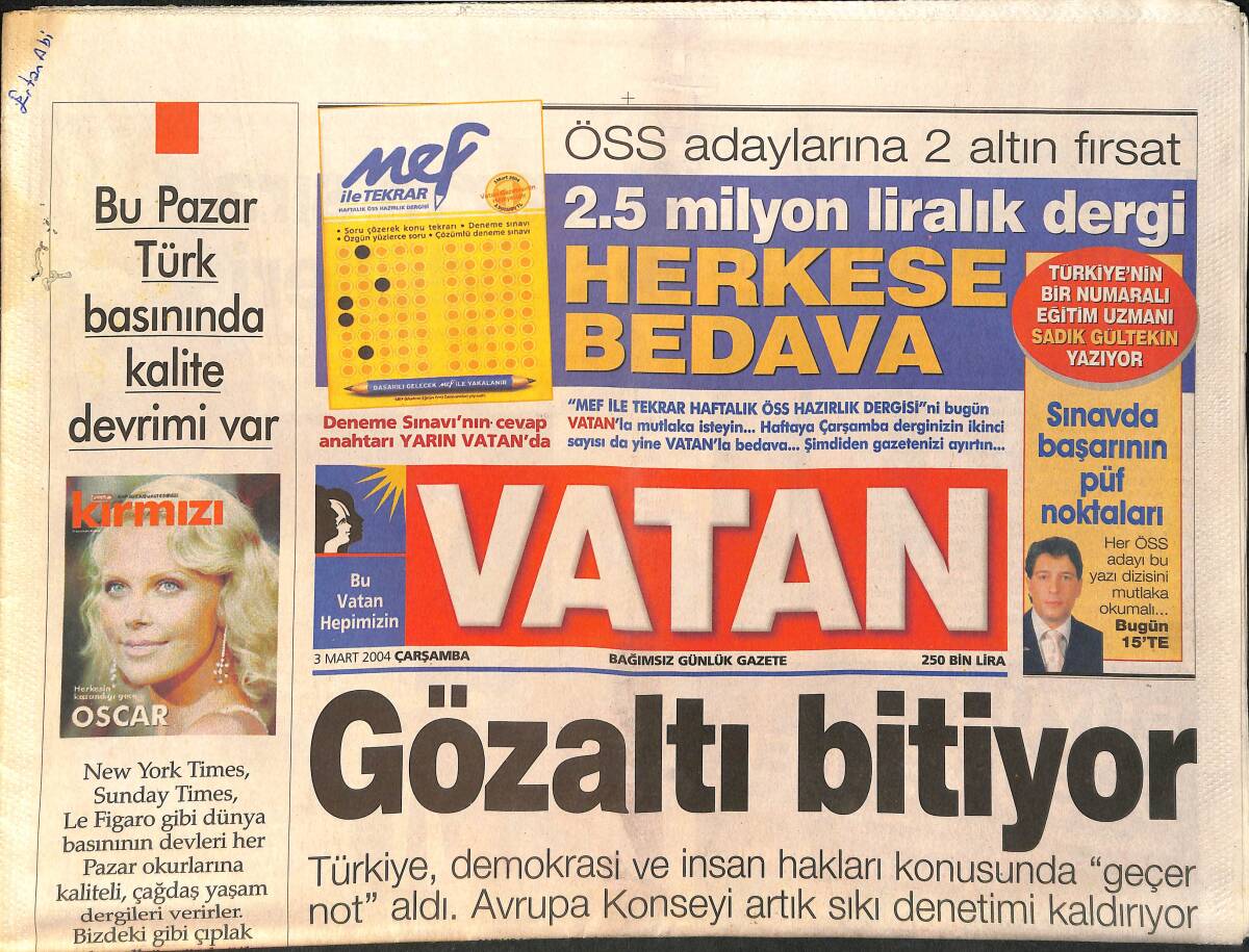 Vatan Gazetesi 3 Mart 2004 - Oscar'ın Sıra Dışı Ödülleri - KKTC'nin Mücahit First Lady'si GZ2407 - 1