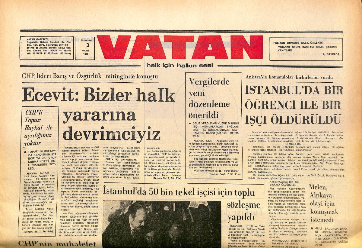 Vatan Gazetesi 3 Mayıs 1976 - İstanbul'da 50 Bin Tekel İşçisi İçin Toplu Sözleşme Yapıldı - Deniz Gezmiş Davasına Yeniden Bakılabilir Mi ? GZ161086 - 1
