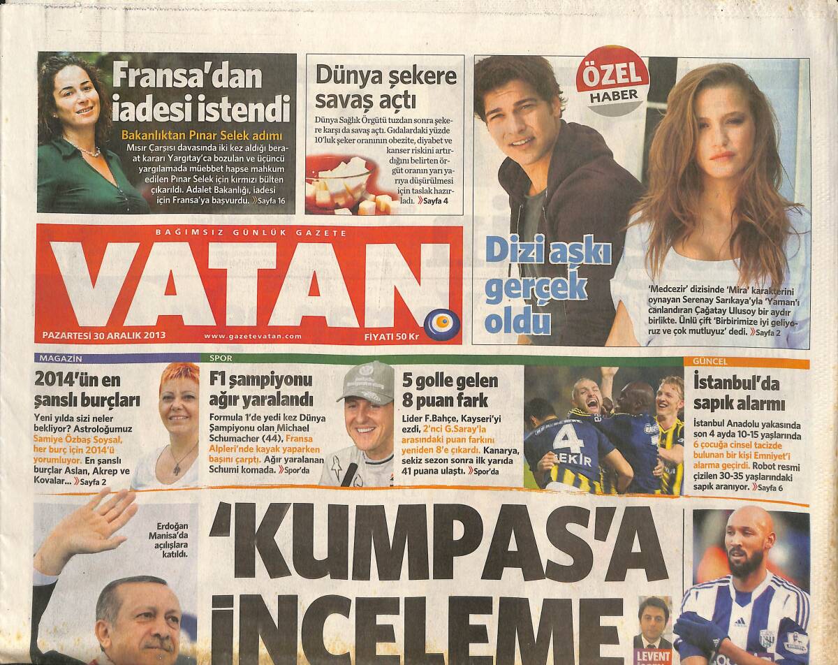 Vatan Gazetesi 30 Aralık 2013 - İstanbul'da Sapık Alarmı - F1 Şampiyonu Ağır Yaralandı - Arsenal Zirveyi Geri Aldı GZ136324 - 1