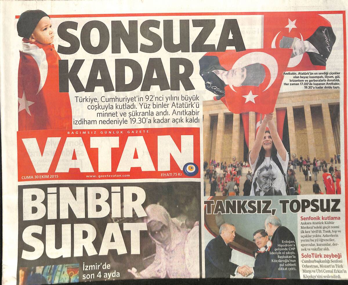 Vatan Gazetesi 30 Ekim 2015 - ABD Onayladı , 2200 Akıllı Bomba Alıyoruz - Türkiye Cumhuriyet'in 92. Yılını Kutladı GZ159469 - 1