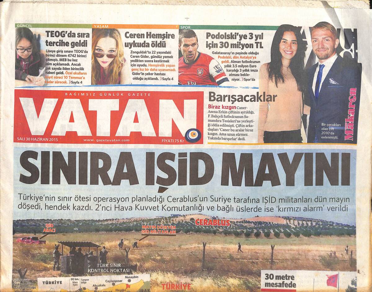 Vatan Gazetesi 30 Haziran 2015 - Podolski'ye 3 Yıl İçin 30 Milyon TL - Hişam Bereket Dün Kahire'de Evinden Çıkarken Bombalı Saldırıya Uğradı GZ159743 - 1
