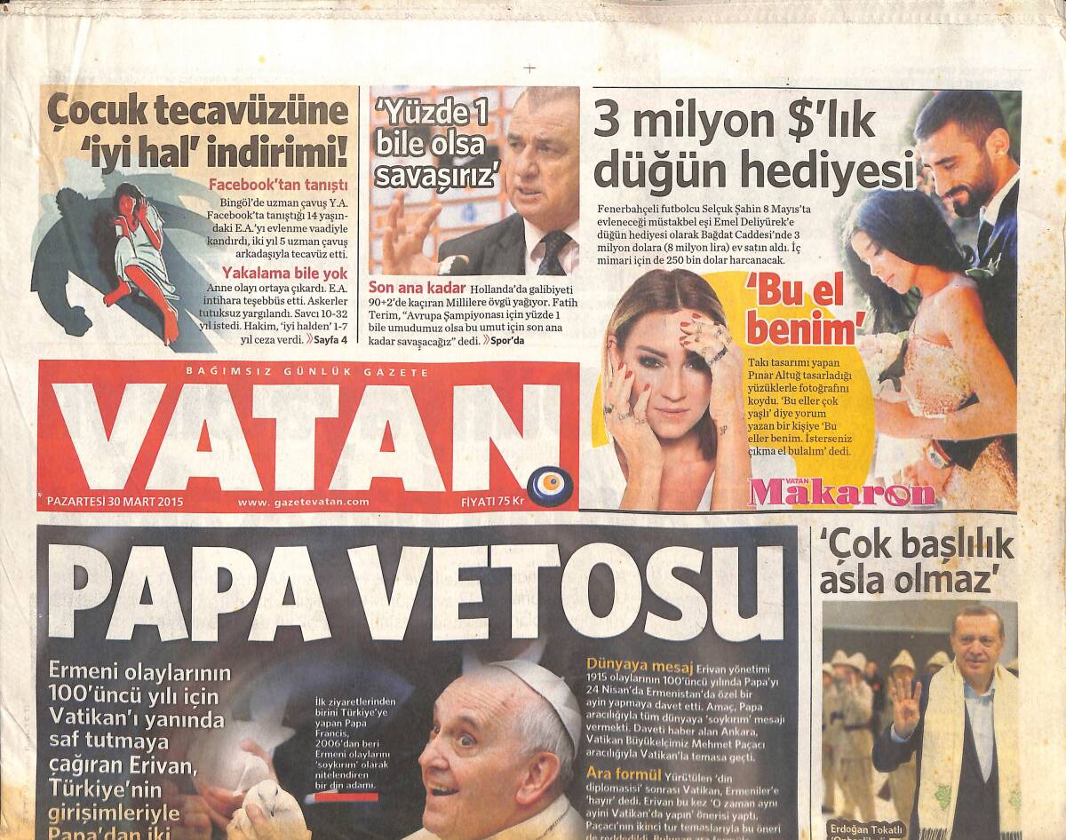 Vatan Gazetesi 30 Mart 2015 - Fatih Terim: 'Yüzde 1 Bile Olsa Savaşırız' - Selçuk Şahin'in 3 Milyon Dolarlık Düğün Hediyesi GZ136410 - 1