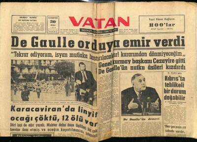 Vatan Gazetesi 30 Ocak 1960 - De Gaulle Orduya Emir Verdi GZ78942 - 1