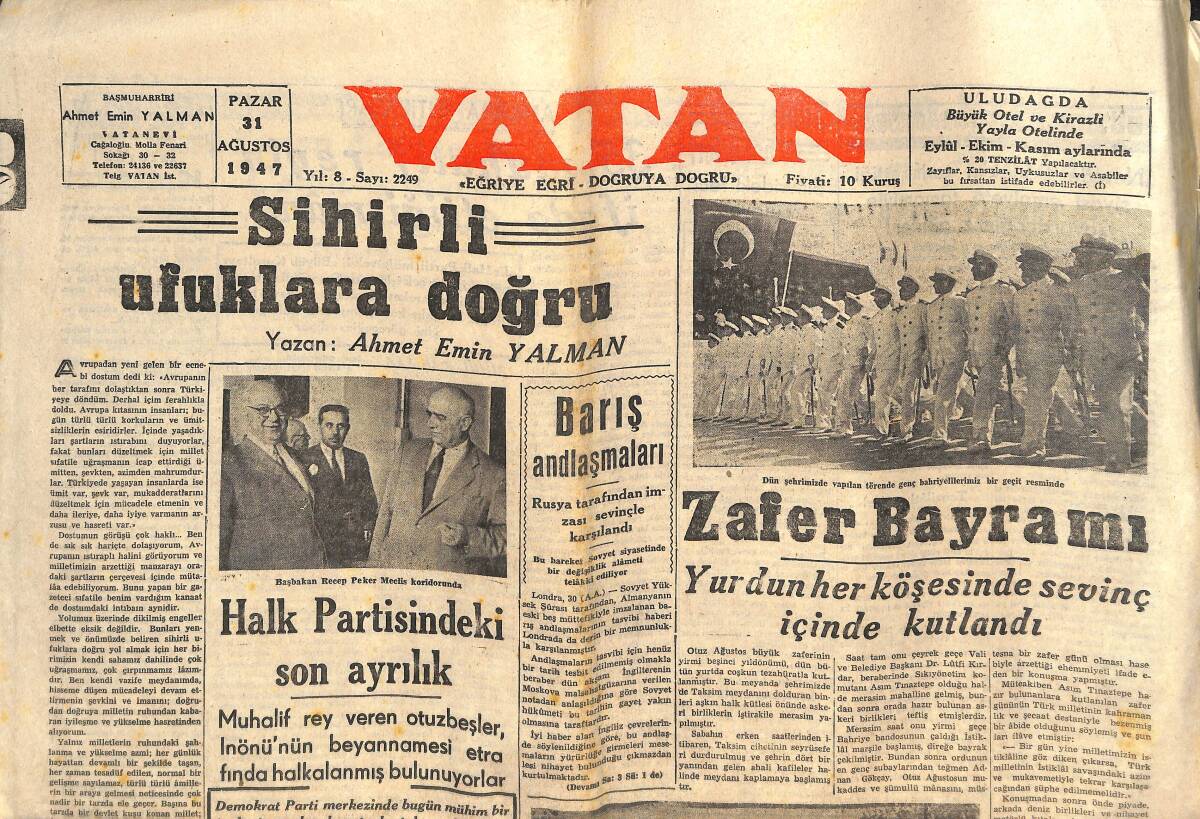 Vatan Gazetesi 31 Ağustos 1947 - Barış Andlaşmaları - Kahraman Orduya Katılan Subaylar - Ruslar Yine İran'da Bir Hareket Mi Hazırlıyorlar? GZ143326 - 1