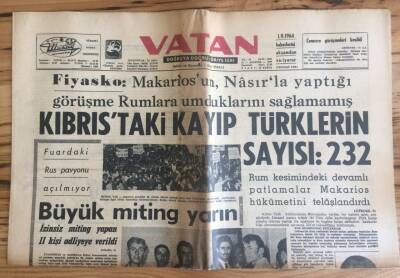 Vatan Gazetesi 31 Ağustos 1964 - Kıbrıstaki Kayıp Türklerin Sayısı 232 GZ72721 - 2