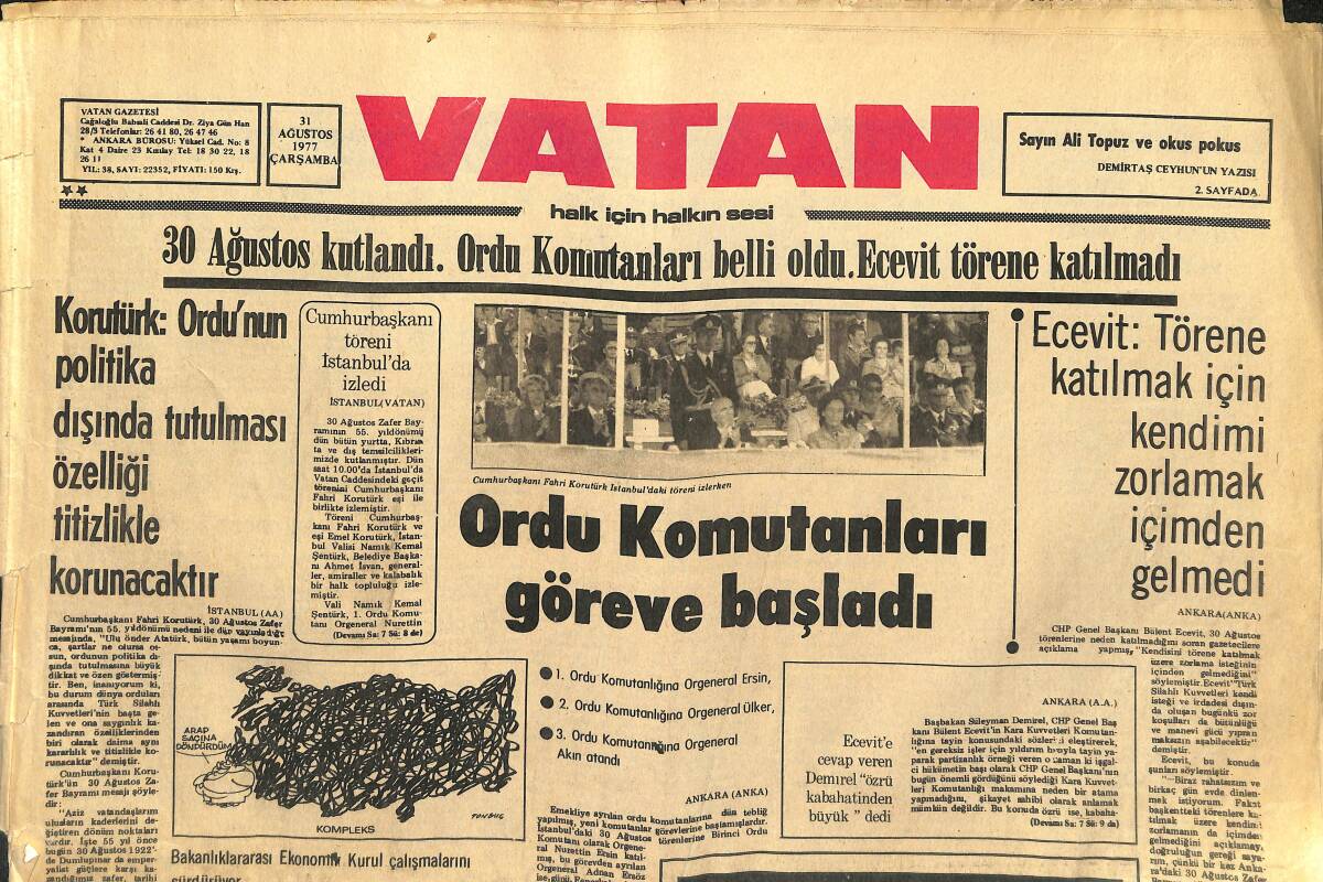 Vatan Gazetesi 31 Ağustos 1977 - Faşist İşgalin Sonucu - 30 Ağustos Kutlandı, Ordu Komutanları Belli Oldu, Ecevit Törene Katılmadı GZ147897 - 1
