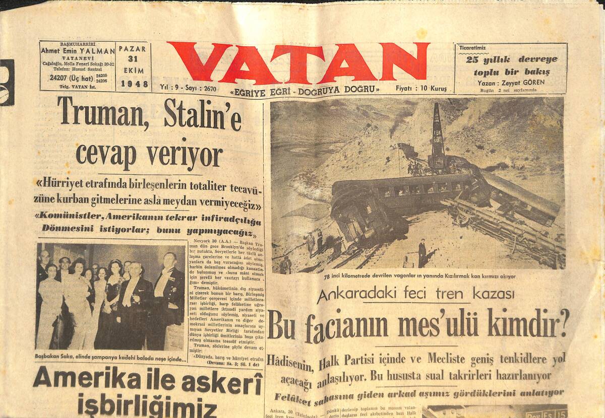 Vatan Gazetesi 31 Ekim 1948 - Haydarpaşa Verem Pavyonu Dün Açıldı - Hava Kurumu Motör Fabrikası Açıldı GZ142019 - 1