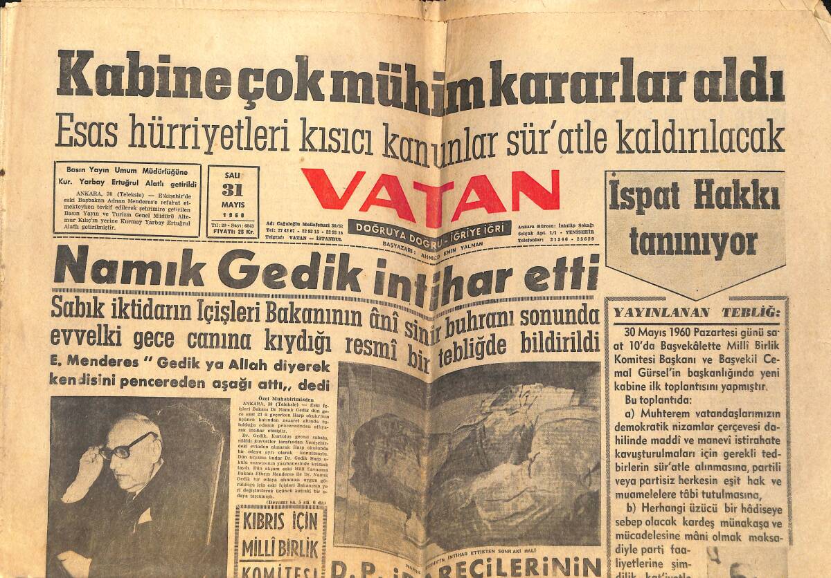 Vatan Gazetesi 31 Mayıs 1960 - Namık Gedik İntihar Etti - Menderes'in Hakikate Uymayan Demeci GZ155948 - 1