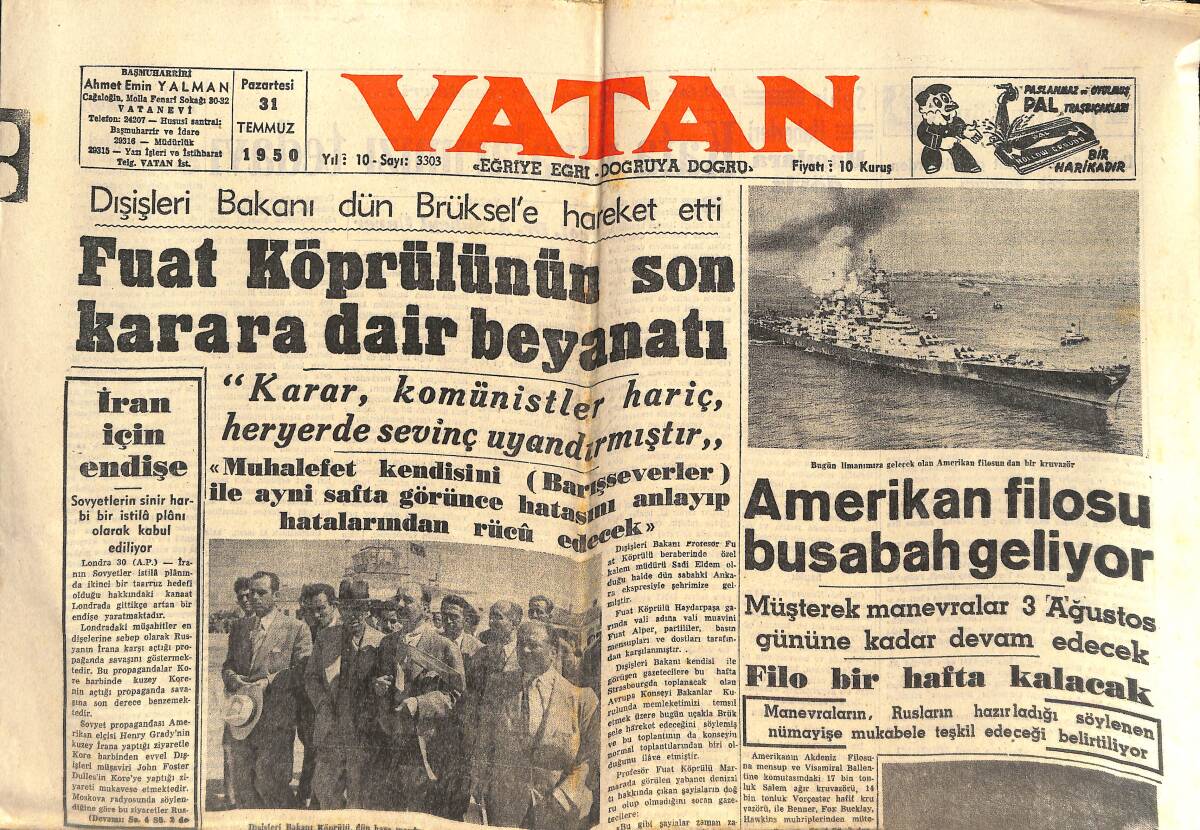 Vatan Gazetesi 31 Temmuz 1950 - Amerikan Filosu Bu Sabah Geliyor - Belçika'da Kanlı Çarpışmalar Oluyor! GZ142526 - 1
