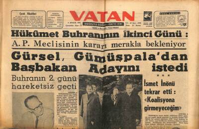 Vatan Gazetesi 4 Aralık 1963 - Hükümet Buhranının İkinci Günü GZ64904 - 1