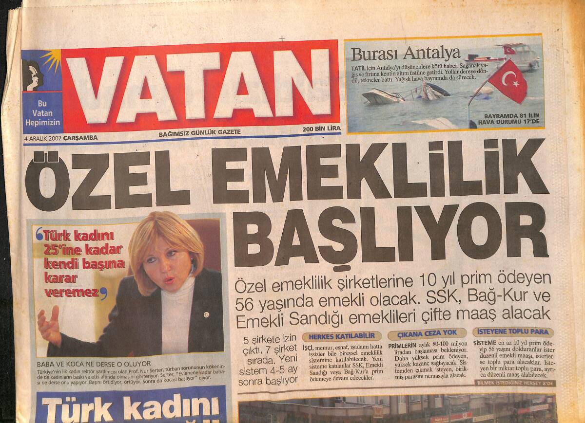 Vatan Gazetesi 4 Aralık 2002 - Erdoğan İçin Engel Kalmıyor - Özel Emeklilik Başlıyor GZ159497 - 1