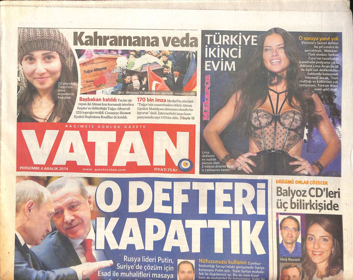 Vatan Gazetesi 4 Aralık 2014 - Adriana Lima: 'Türkiye İkinci Evim' - Aziz Yıldırım'a Hapis İstemi GZ136266 - 1