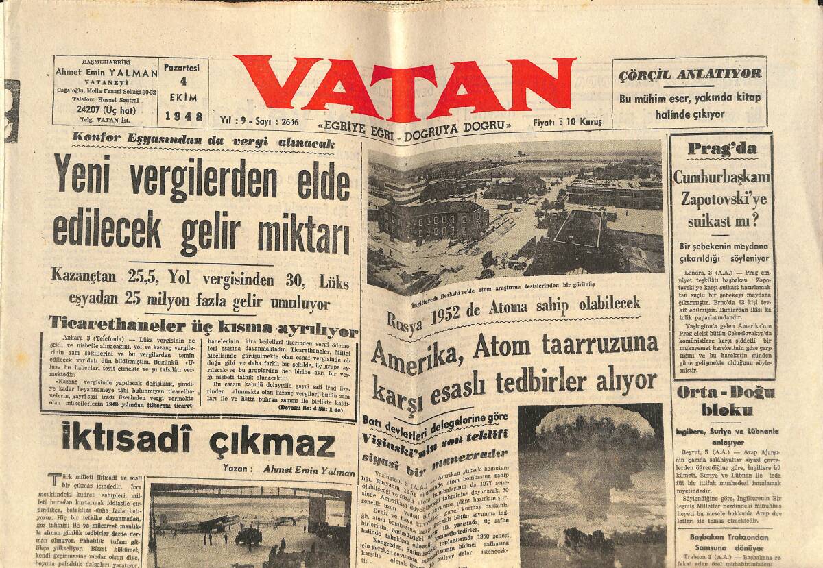 Vatan Gazetesi 4 Ekim 1948 - Amerika, Atom Taarruzuna Karşı Esaslı Tedbirler Alıyor - Birleşmiş Milletlerde Berlin Anlaşmazlığı Bugün Konuşuluyor GZ141833 - 1