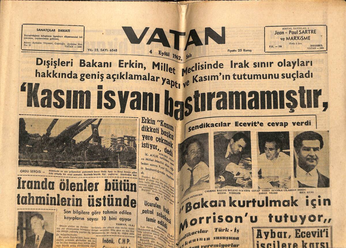 Vatan Gazetesi 4 Eylül 1962 - Aybar, Ecevit'i İşçilere Karşı Olmakla Suçluyor - Eminsu Mitinginde Yine Hedef İnönü İdi GZ148901 - 1