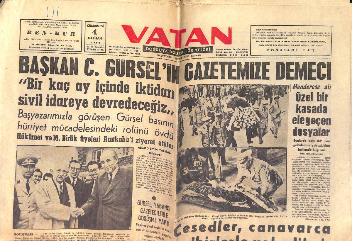 Vatan Gazetesi 4 Haziran 1960 - Org. R. Gümüşpala Genelkurmay Başkanı - Başkan C. Gürsel'in Gazetemize Demeci GZ153988 - 1