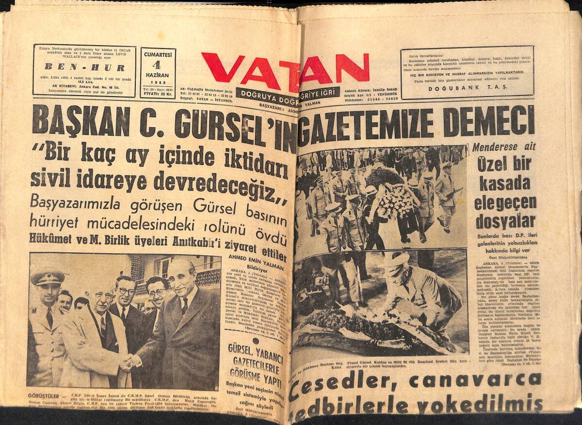 Vatan Gazetesi 4 Haziran 1960 - Partizan Memurlar Tasfiyeye Uğruyor - Başkan C.Gürsel'in Gazetemize Demeci GZ155952 - 1