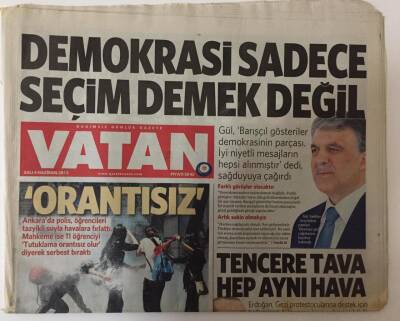 Vatan Gazetesi 4 Haziran 2013 - Demokrasi Sadece Seçim Demek Değil , Gezi Eylemleri Manşetlerde GZ28094 - 1
