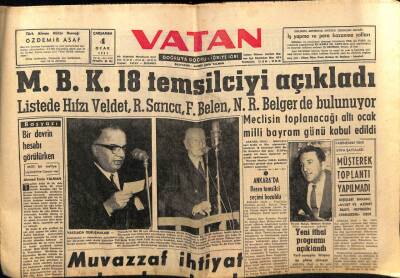 Vatan Gazetesi 4 Ocak 1961 - M,B.K 18 Temsilciyi Açıkladı GZ64603 - 1