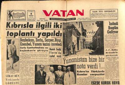 Vatan Gazetesi 4 Temmuz 1958 -Kıbrısla İlgili İki Toplantı Yapıldı GZ90491 - 1