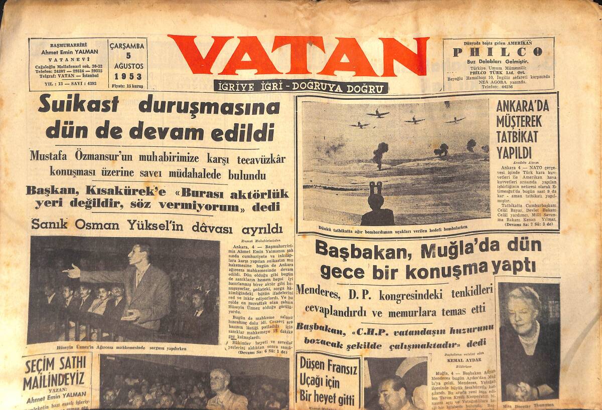 Vatan Gazetesi 5 Ağustos 1953 - Başbakan Muğla'da - Suikast Duruşmasına Devam Edildi - Çalışma Bakanı İşçilerle Bir Araya Geldi GZ132752 - 1