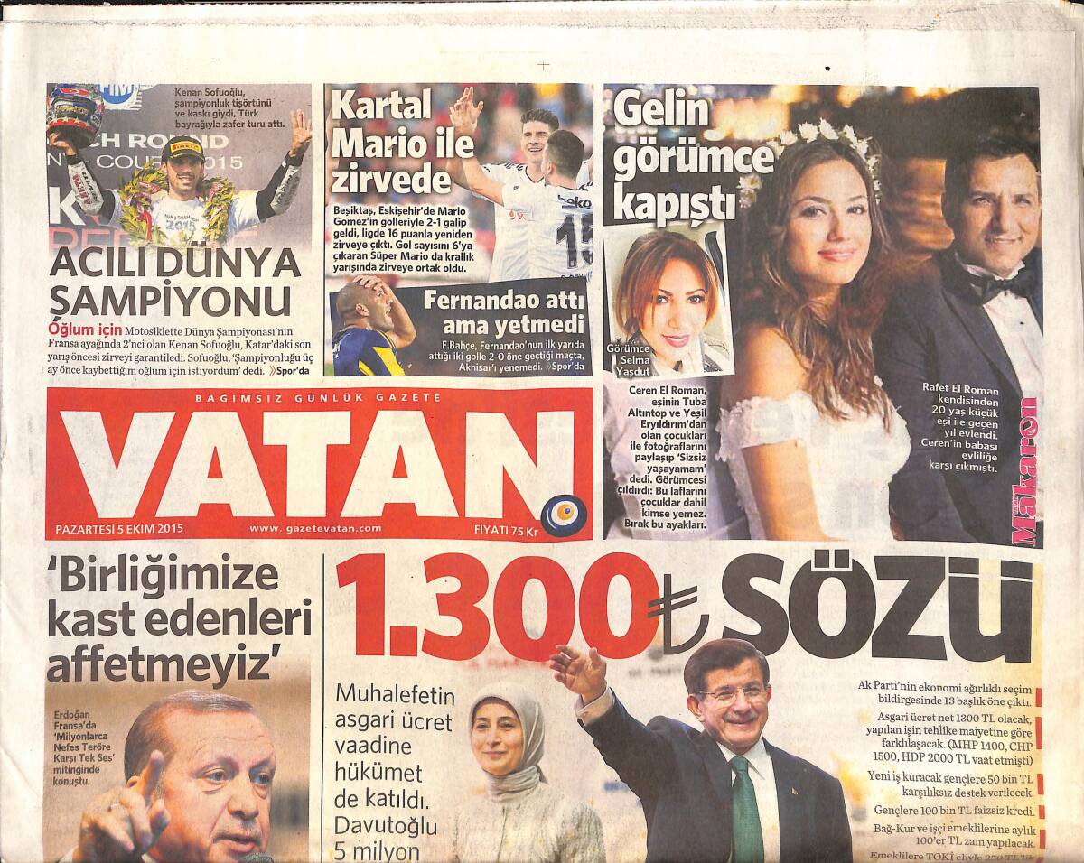 Vatan Gazetesi 5 Ekim 2015 - Beşiktaş Mario Gomez İle Zirvede - Ahmet Davutoğlu: 1.300 TL Sözü GZ135856 - 1