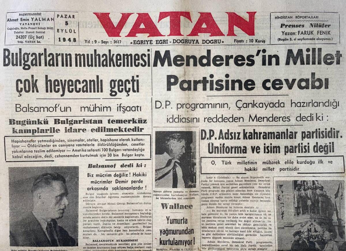 Vatan Gazetesi 5 Eylül 1948 - Menderes'in Millet Partisine Cevabı - Faruk Fenik: Prenses Nilüfer'le Sarayında Konuştum GZ141431 - 1