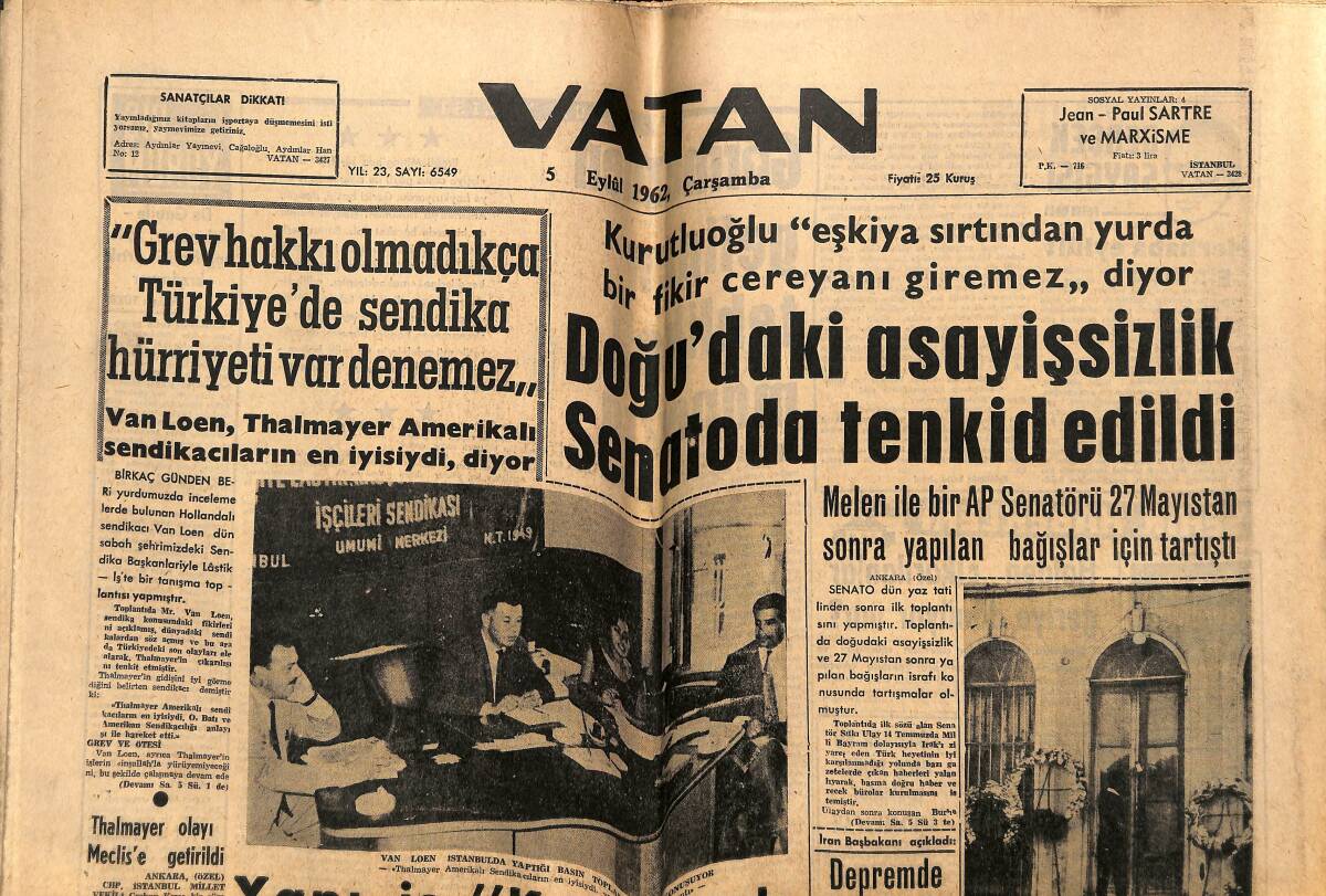 Vatan Gazetesi 5 Eylül 1962 - Doğu'daki Asayişsizlik Senatoda Tenkid Edildi - Şeref Has'ın Transferi Fenerbahçe'yi Karıştırdı GZ148907 - 1