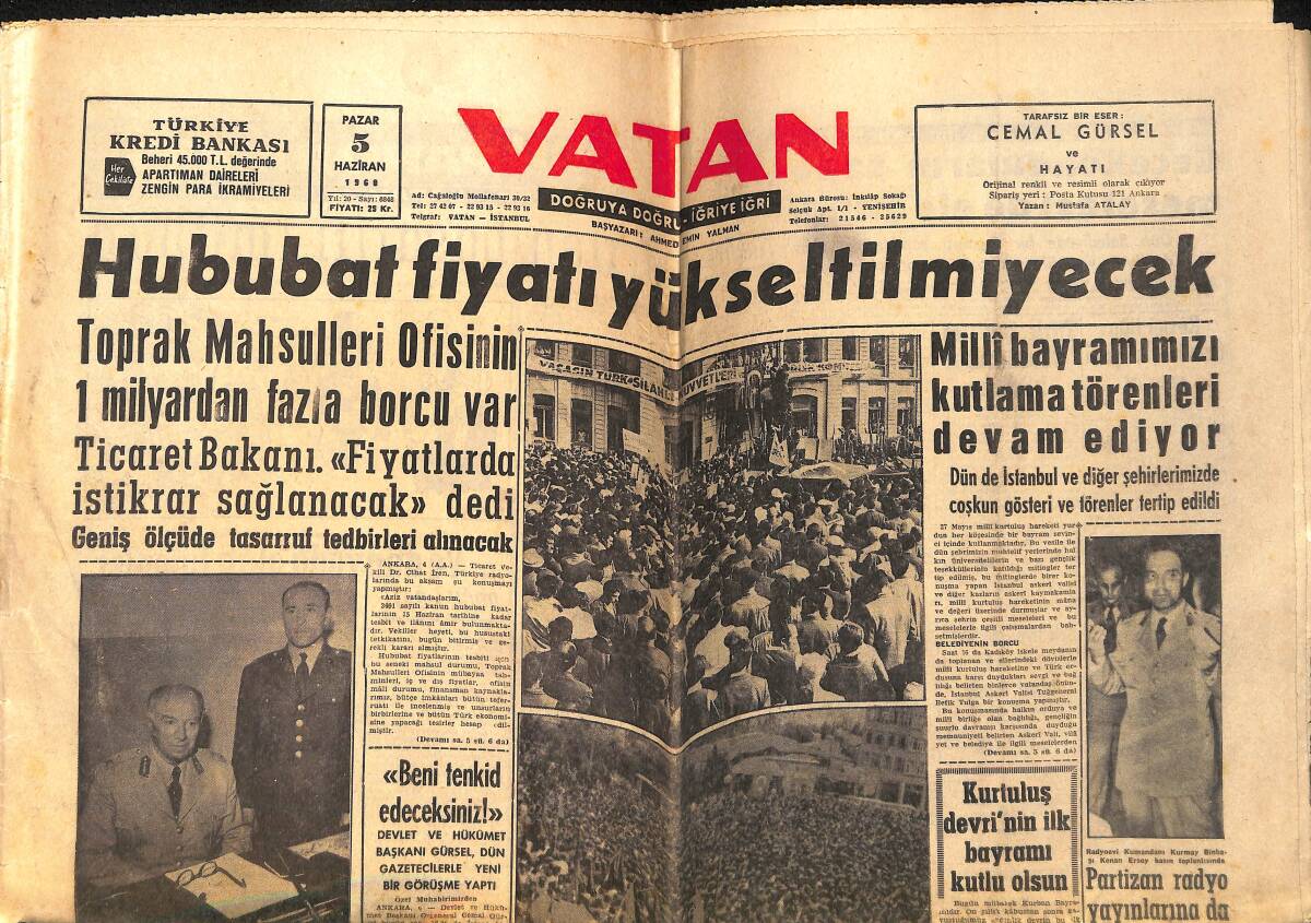 Vatan Gazetesi 5 Haziran 1960 - Menderes'in Yakalanışına Dair Açıklama - Hububat Fiyatı Yükseltilmeyecek GZ155947 - 1