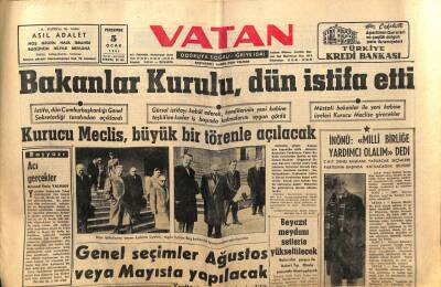 Vatan Gazetesi 5 Ocak 1961 - Bakanlar Kurulu İstifa Etti GZ64602 - 2