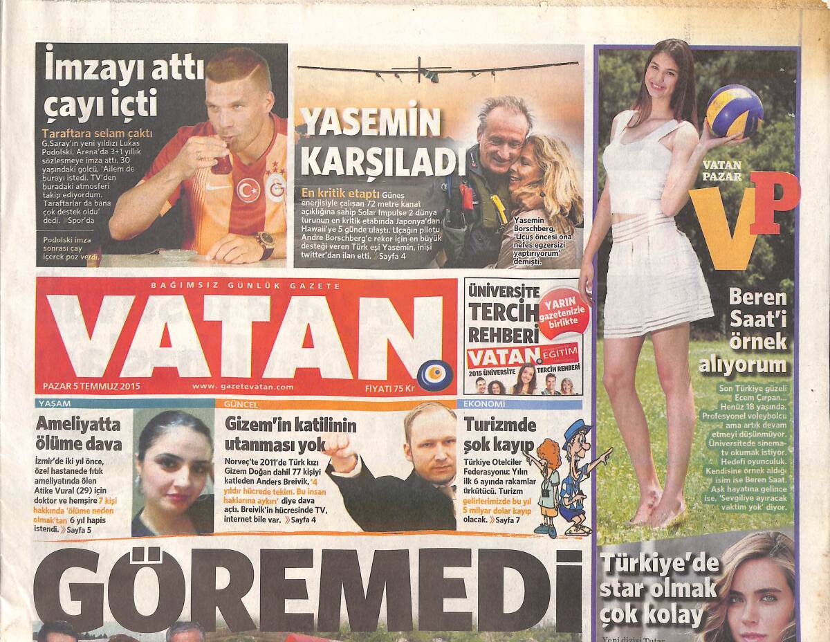 Vatan Gazetesi 5 Temmuz 2015 - Robin Van Persie Bitti - Aslan Gibi Podolski GZ159793 - 1