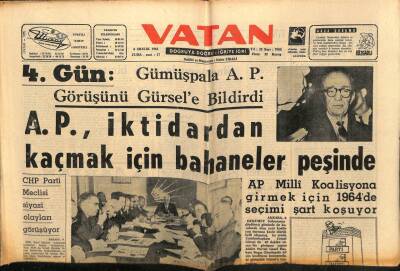Vatan Gazetesi 6 Aralık 1963 - AP İktidardan Kaçmak İçin Bahaneler Peşinde GZ64902 - 2