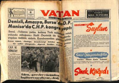 Vatan Gazetesi 6 Haziran 1955 - Denizli,Amasya,Bursada DP Manisada CHP Kongre Yaptı GZ64810 - 2