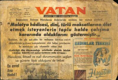 Vatan Gazetesi 7 Aralık 1952 - Adnan Menderesin Papagosa Telgrafı GZ78761 - 1