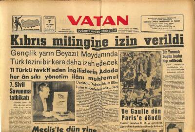 Vatan Gazetesi 7 Haziran 1958 - Kıbrıs Mitingine İzin Verildi - De Gaulle Dün Parise Döndü GZ91438 - 1
