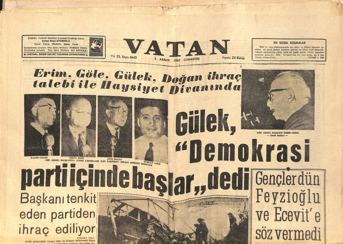 Vatan Gazetesi 8 Aralık 1962 - Gülek, Demokrasi Parti İçinde Başlar Dedi - Galatasaray Milan'la 16 Ve 23 Ocak'ta Oynamak İstiyor GZ156635 - 1