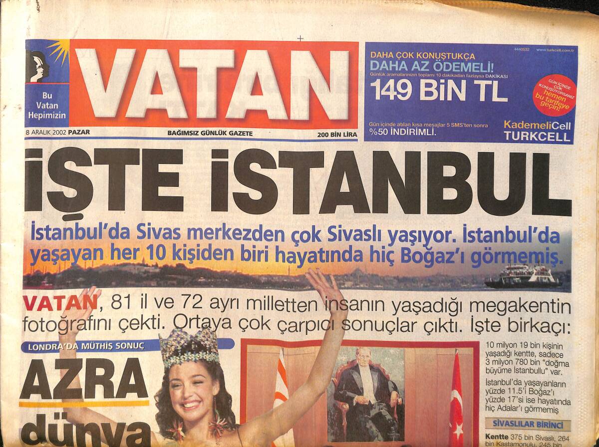 Vatan Gazetesi 8 Aralık 2002 - Azra Akın , Kraliçelik Tacını 70 Yıl Sonra İkinci Kez Türkiye'ye Getirdi GZ159496 - 1