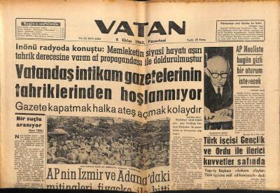 Vatan Gazetesi 8 Ekim 1962 - Gülek CHP İçler Acısı Dedi GZ64766 - 2