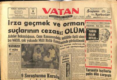 Vatan Gazetesi 8 Temmuz 1960 - Irza Geçmek Ve Orman Suçlarının CezasıÖlüm GZ78939 - 1
