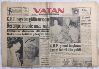 Vatan Gazetesi 9 Ağustos 1959 - CHP Genel Başkanı İsmet İnönü Dün Geldi - GZ21261 - 1