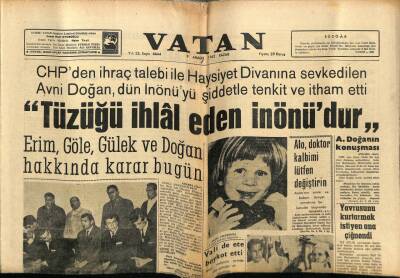 Vatan Gazetesi 9 Aralık 1962 - Avni Doğan Tüzüğü İhlal Eden İnönüdür GZ89181 - 1