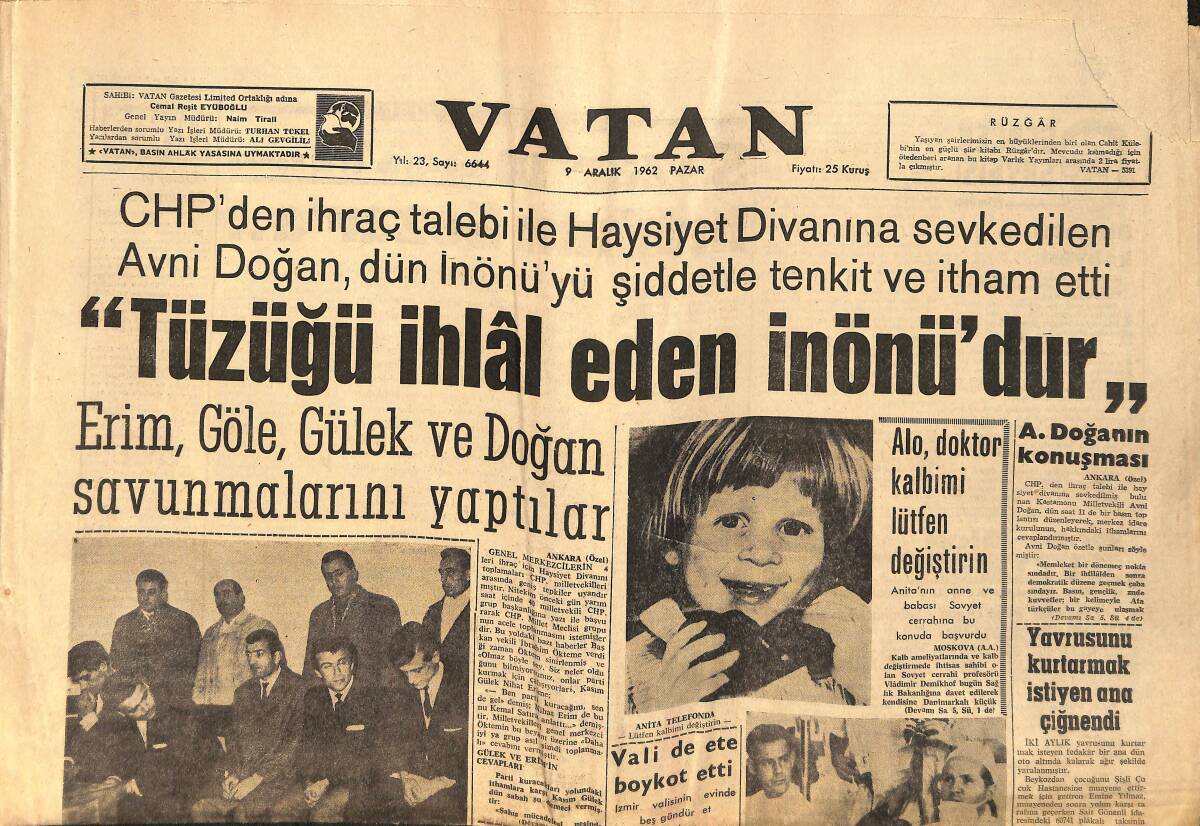 Vatan Gazetesi 9 Aralık 1962 - Fenerbahçe Ankara Gücü'nü Yenerken Zorlanmadı - Tüzüğü İhlal Eden İnönü'dür GZ156630 - 1
