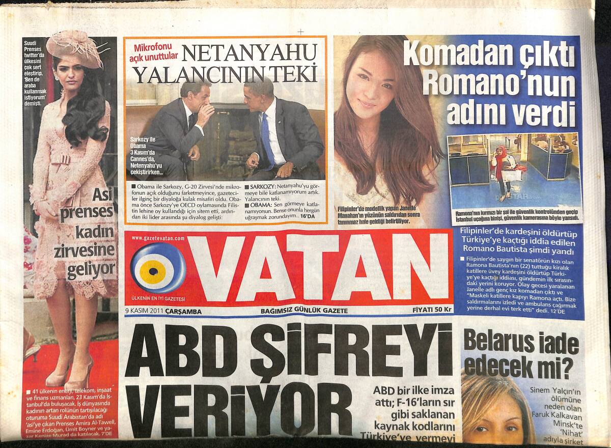 Vatan Gazetesi 9 Kasım 2011 - İbrahim Tatlıses'e Şan Dersi - İran'a Şok Rapor GZ160075 - 1