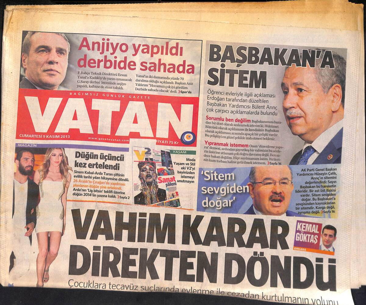 Vatan Gazetesi 9 Kasım 2013 - Ersun Yanal'a Anjiyo Yapıldı - Türk Tırları 18 Gündür Habur Sınır Kapısında Kuyrukta GZ159742 - 1