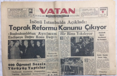 Vatan Gazetesi 9 Mayıs 1963 - Toprak Reformu Kanunu Çıkıyor - GZ21258 - 1