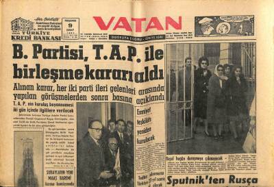 Vatan Gazetesi 9 Şubat 1961 - B.Partisi T.A.P İle Birleşme Kararı Aldı GZ64622 - 1
