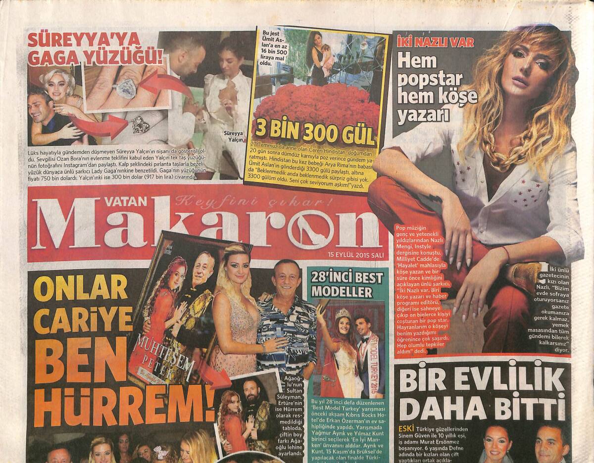 Vatan Gazetesi Makaron Eki 15 Eylül 2015 - Bergüzar Korel Barınaktan Köpek Aldı GZ160032 - 1