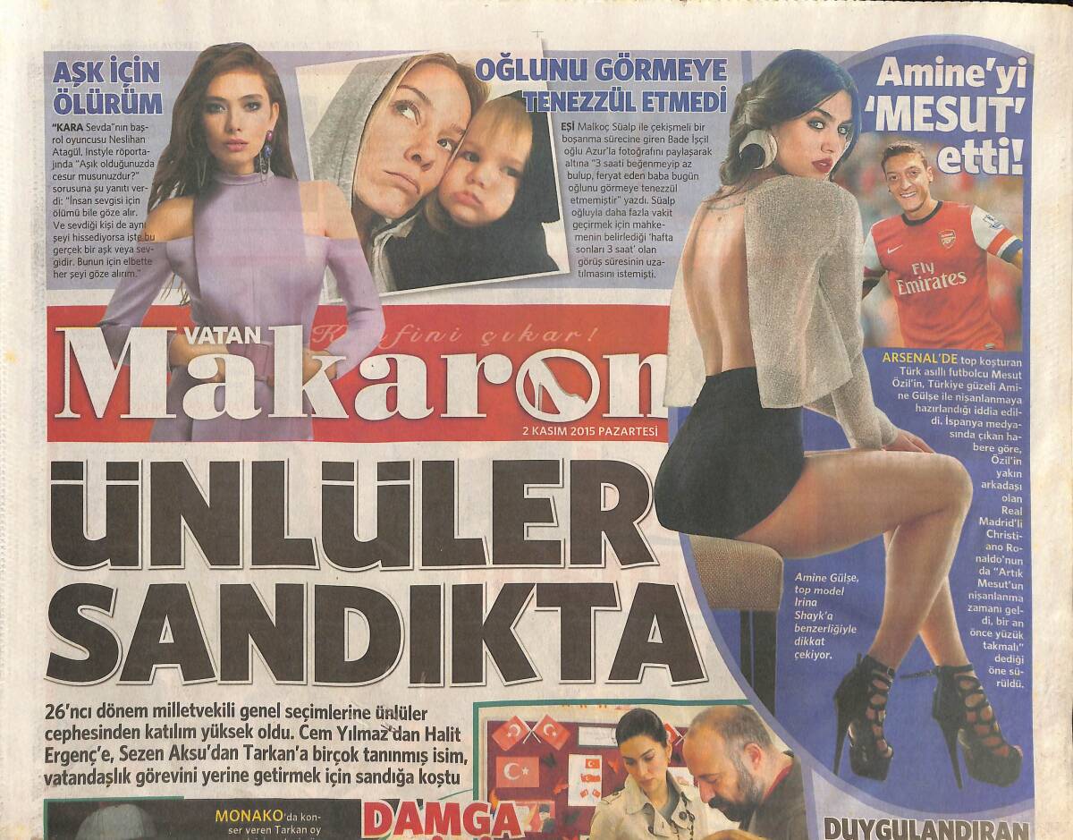 Vatan Gazetesi Makaron Eki 2 Kasım 2015 - Ünlüler Sandıkta - Amine'yi 