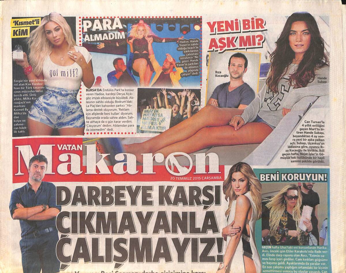 Vatan Gazetesi Makaron Eki 20 Temmuz 2015 - Sibel Can'ın Yeni Oyuncağı - Hülya Avşar 'Hüngür Hüngür Ağladım' GZ159921 - 1